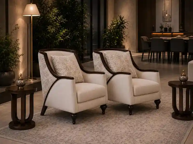 Rashel 6 نمای مبل تک نفره راشل با بدنه چوبی و پارچه طرحدار روشن